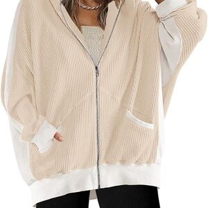 Saukole Hoodie Zip-Up Beige and White Women's Oversize Waffle Knit Long Sleeve L